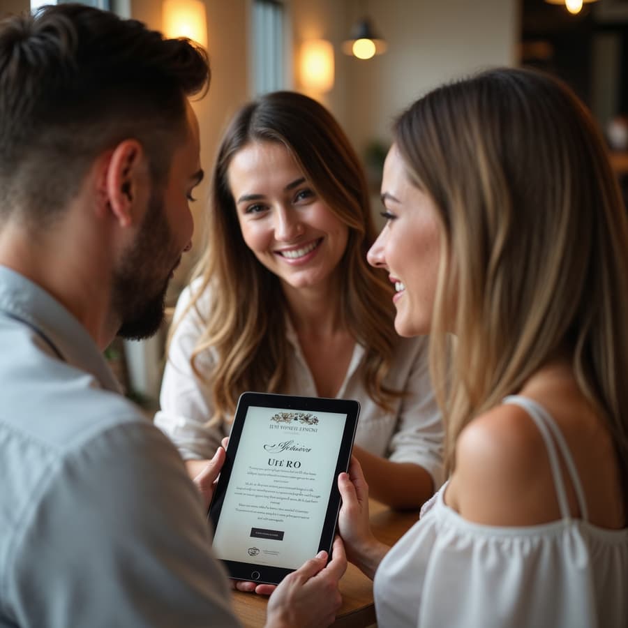 Zdjęcie Pary Młodej wręczającej przyjaciółce internetowe zaproszenie wyświetlone na tablecie